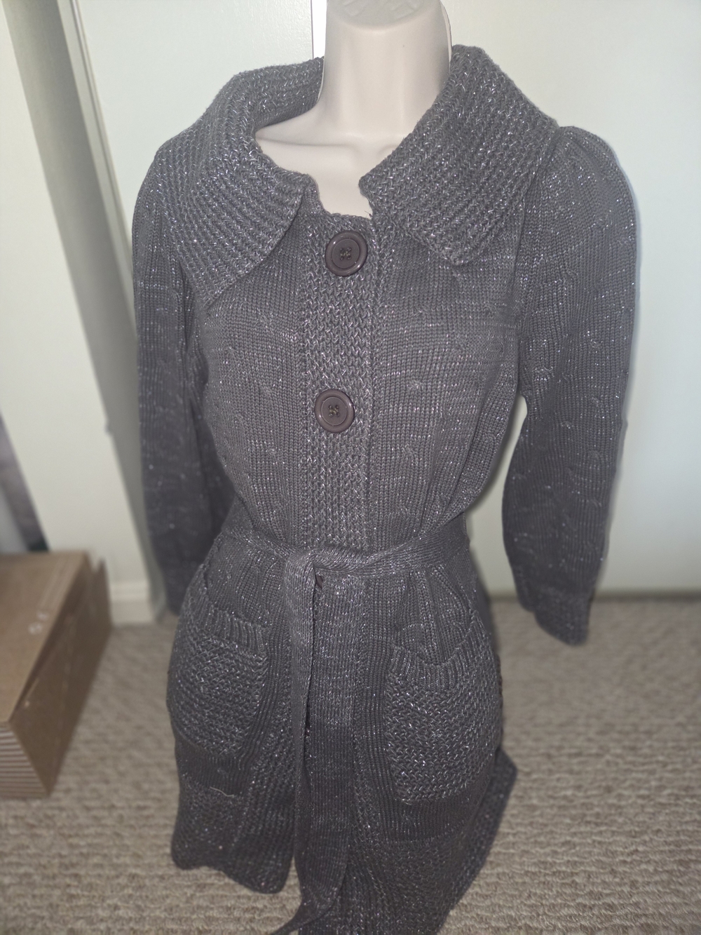 Grace Dane Lewis Women's Gray Knit Belted Trench Coat with Shimmer